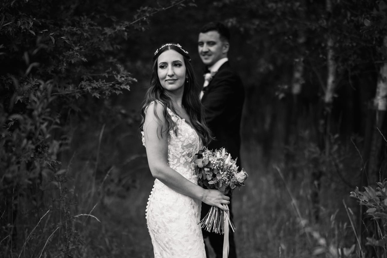 bride and groom black and white portrait