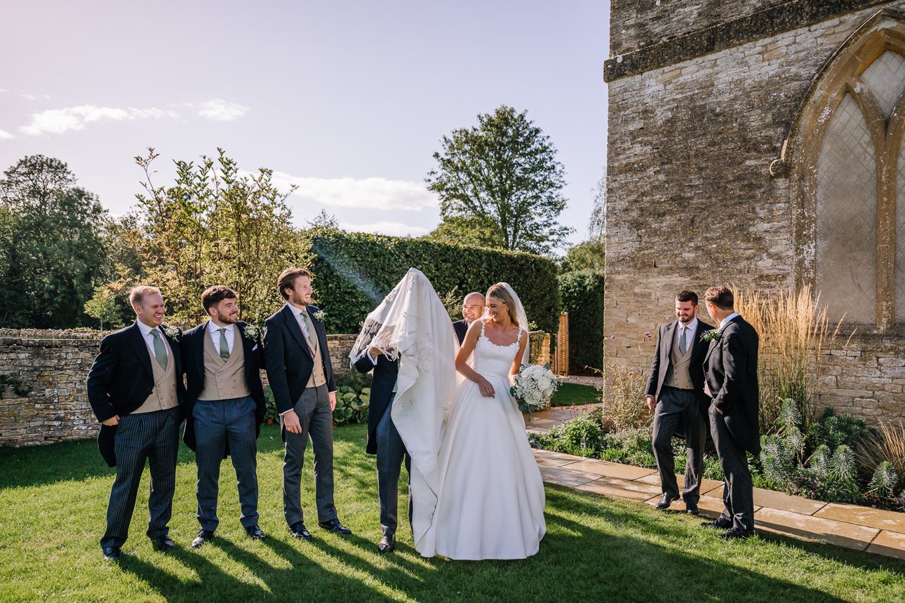 Wedding party outside a church.