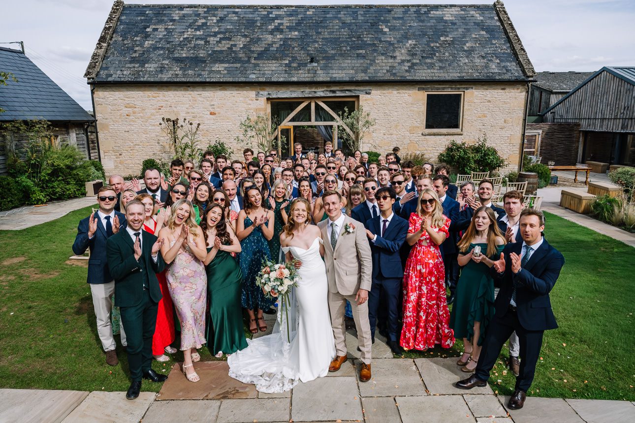 Barn at Upcote wedding group shot