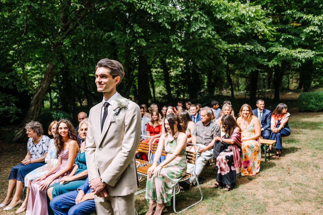 groom waiting for his bride at Cripps Barn wedding