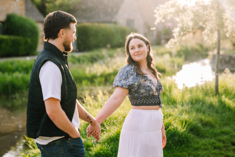 Golden hour surprise proposal photography in Lower Slaughter