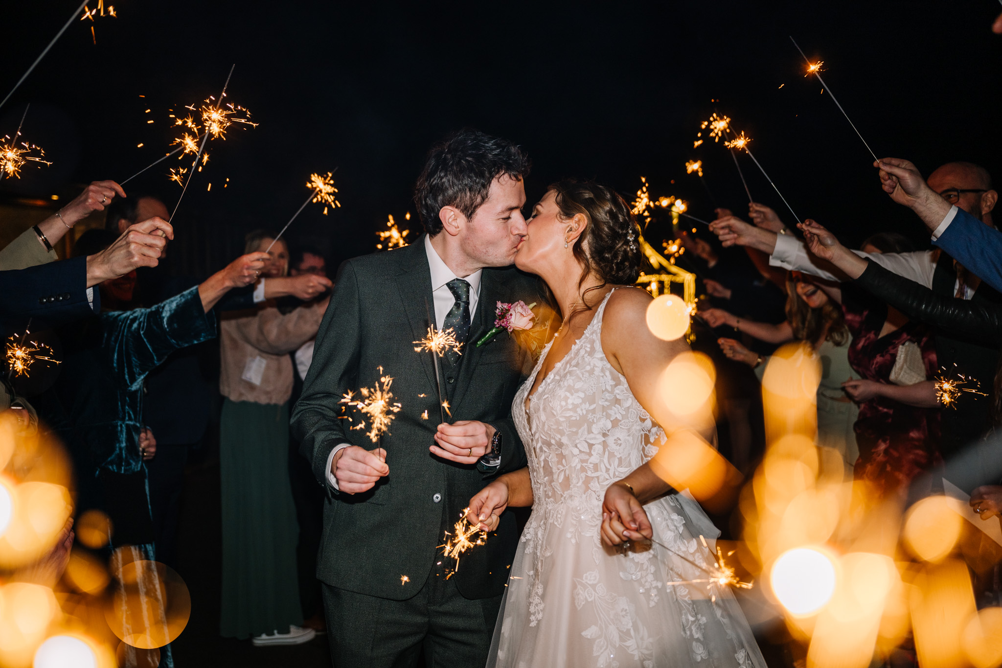 KINGSCOTE BARN WEDDING PHOTOGRAPHER 151 sparkler exit at Kingscote barn